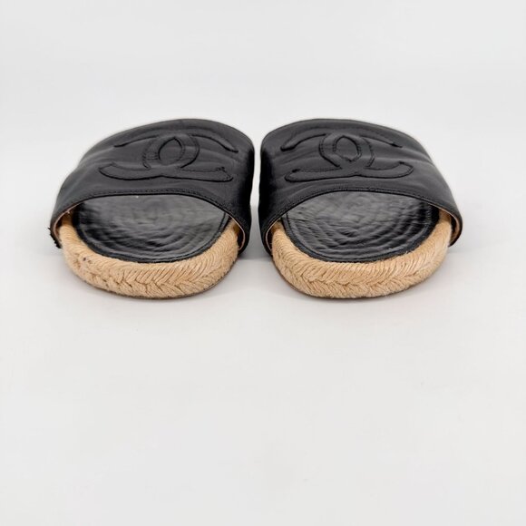 Chanel CC Flat Espadrille Mule Slide Sandals Black Leather Size 38 US 7-7.5 - Picture 6 of 15